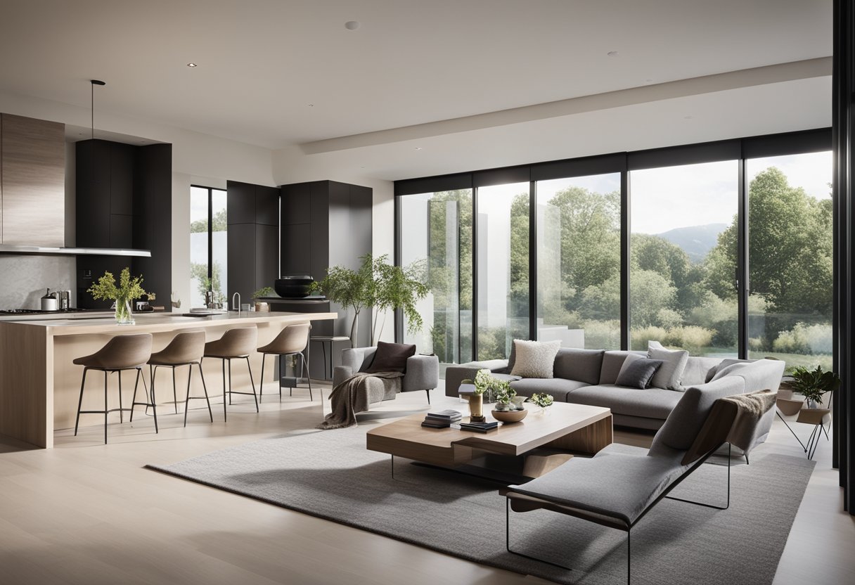 A spacious, open-plan living area with sleek furniture, neutral color palette, and large windows offering a view of the outdoors