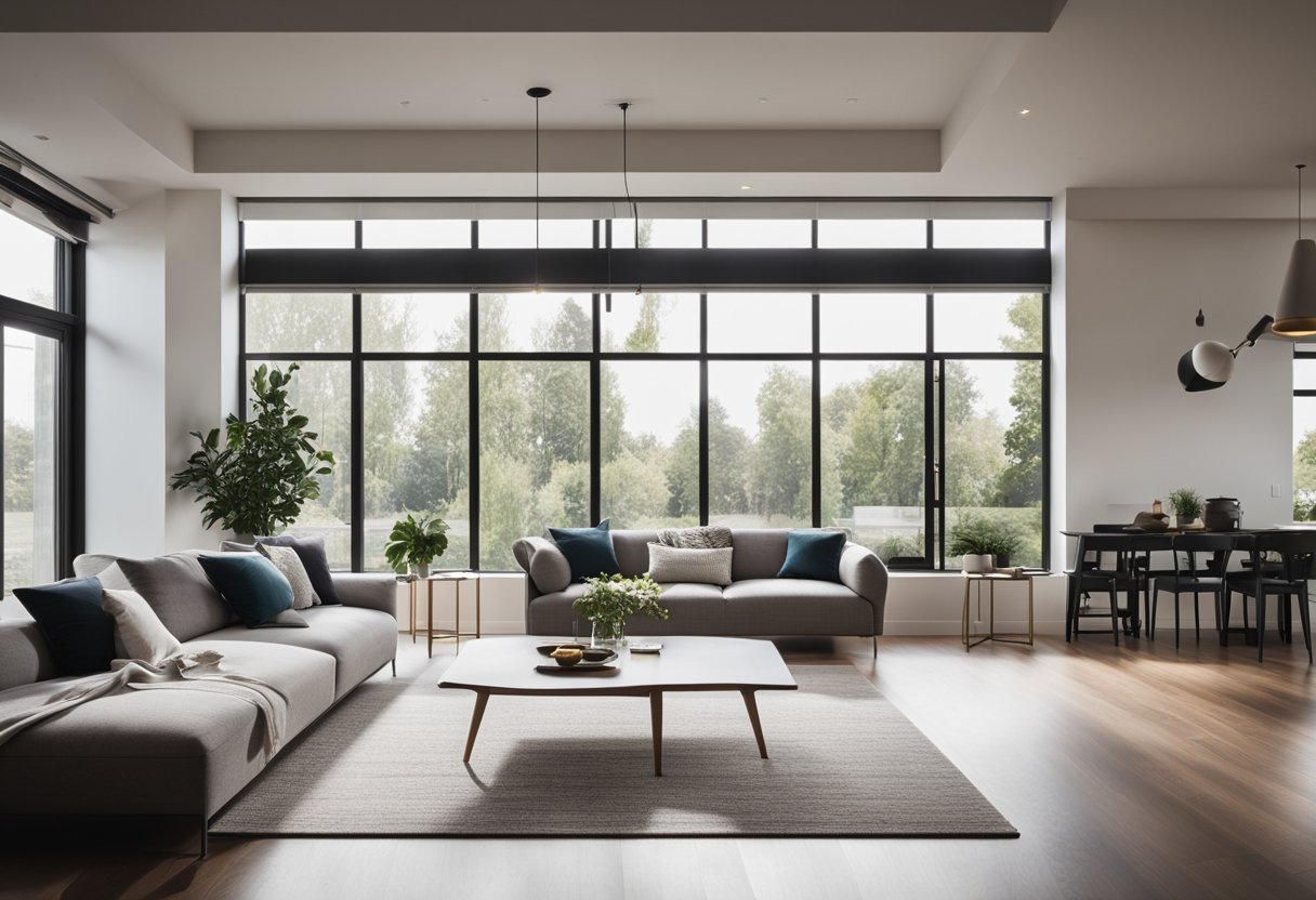 A spacious, open-concept living area with clean lines, minimalist furniture, and natural light streaming in through large windows