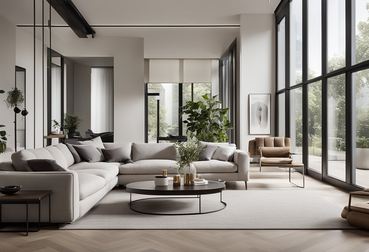 A spacious, open-concept living room with sleek furniture, clean lines, and neutral colors. Large windows allow plenty of natural light, and minimalist decor creates a sense of modern elegance