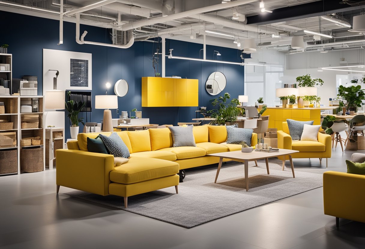 A bright and modern IKEA showroom with clean lines, colorful furniture, and stylish decor arranged in a welcoming and functional layout