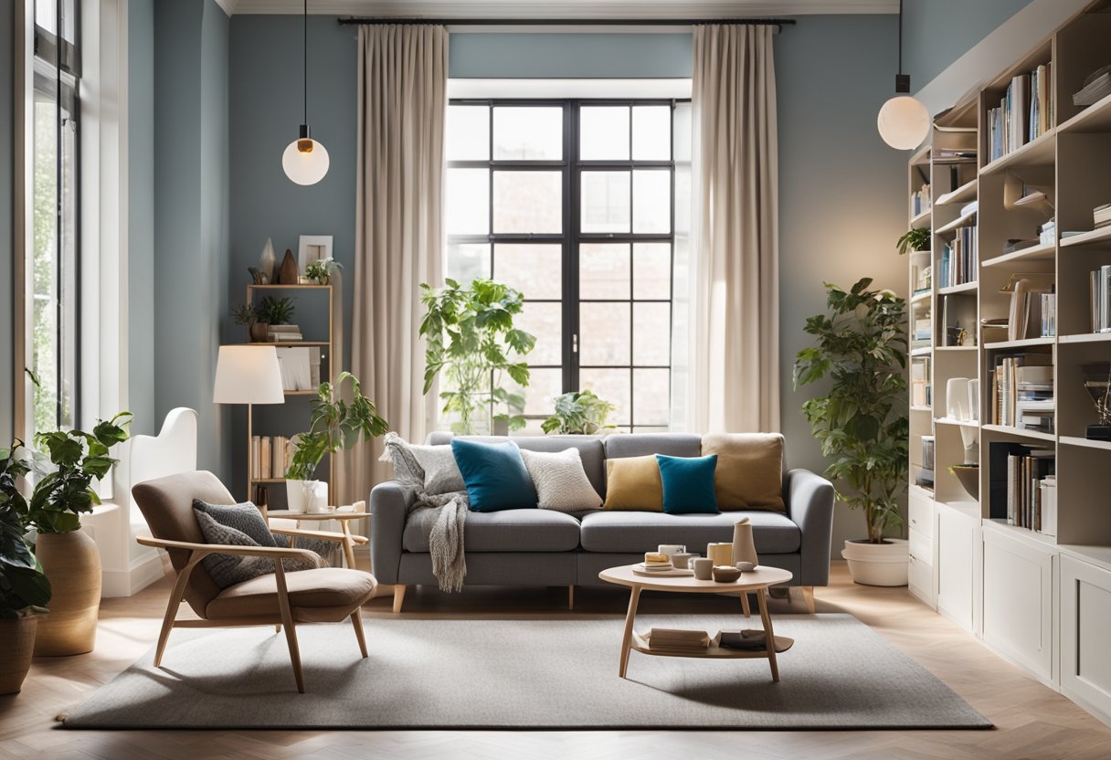 A modern living room with IKEA furniture, clean lines, and pops of color. A cozy reading nook with a comfortable armchair and a stylish bookshelf. Bright natural light streaming in from large windows