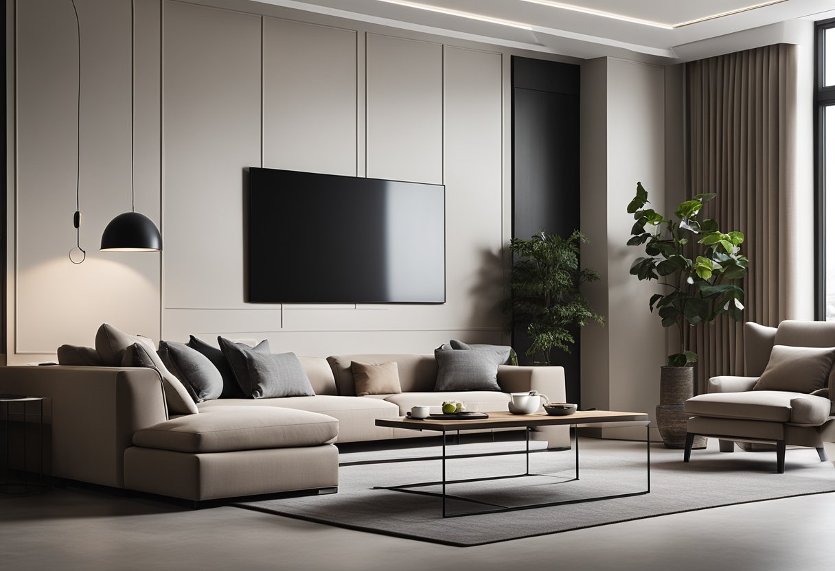 A sleek, minimalist living room with clean lines and neutral colors, featuring a large, comfortable sofa, a stylish coffee table, and a wall-mounted entertainment center with a flat-screen TV