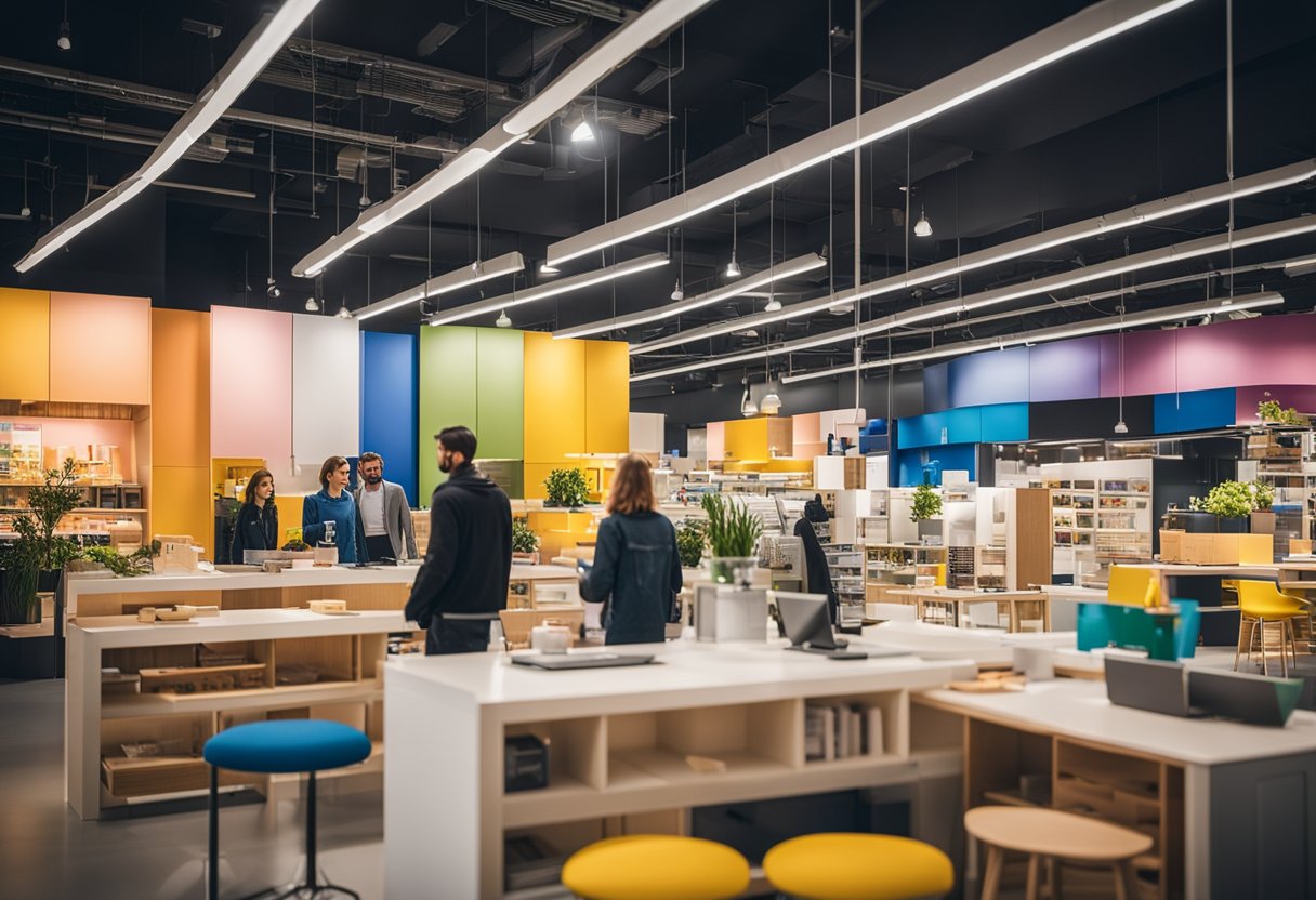 Customers browsing through colorful room displays at IKEA, with furniture, home decor, and signage creating a vibrant and inviting atmosphere