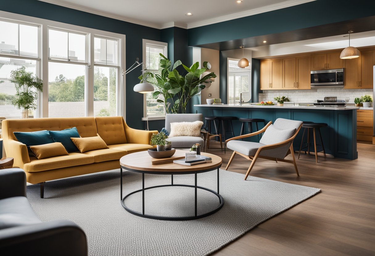 An open floor plan with modern furniture, vibrant colors, and natural lighting. A cozy reading nook and a functional workspace are featured