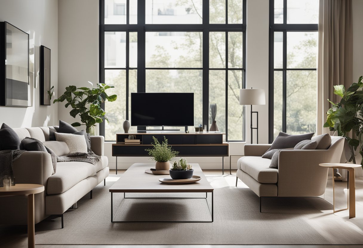 A modern living room with sleek furniture, neutral colors, and natural light streaming in through large windows