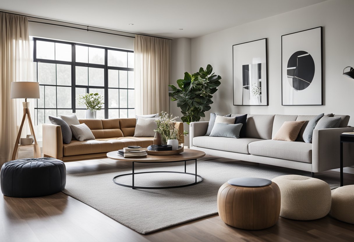 A modern living room with clean lines, neutral colors, and pops of vibrant accents. Natural light floods the space, highlighting the sleek furniture and minimalist decor