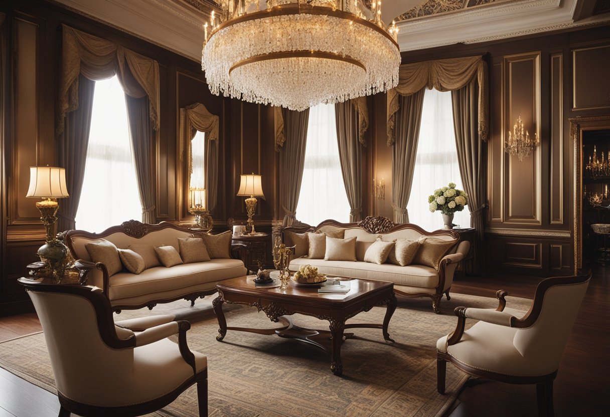 A grand colonial-style room with ornate furniture, rich wood paneling, and elegant chandeliers. Classic patterns and luxurious fabrics adorn the space