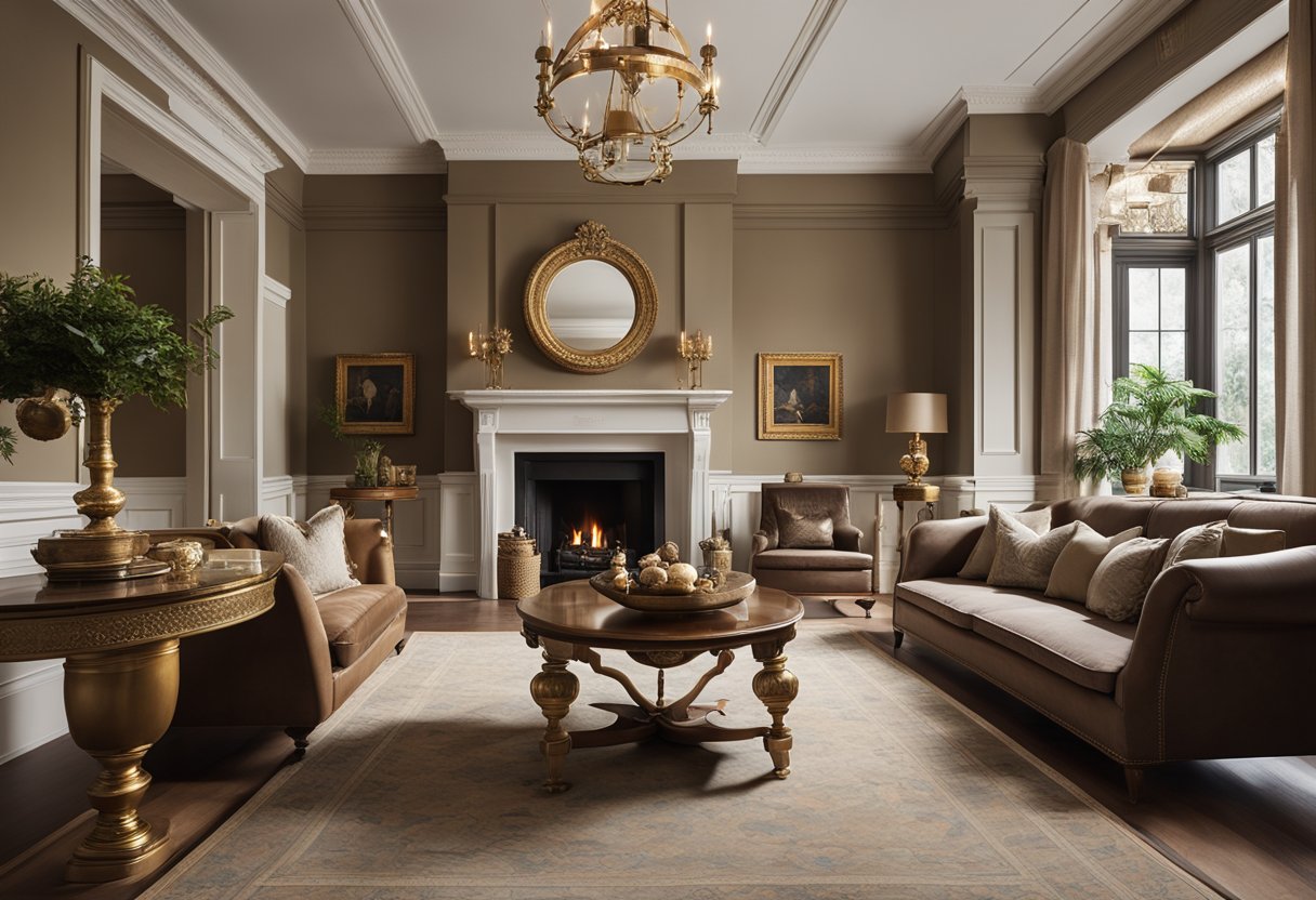 A colonial-style room with ornate furniture, muted earth tones, and brass accents. A large fireplace is the focal point, adorned with a decorative mirror above it