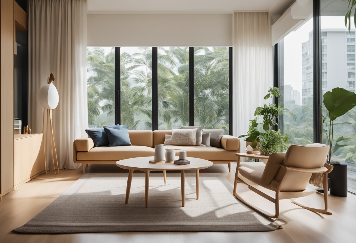 A cozy living room with clean lines, light wood furniture, and minimalist decor. Large windows let in natural light, showcasing the simplicity and functionality of Scandinavian design in a Singapore home