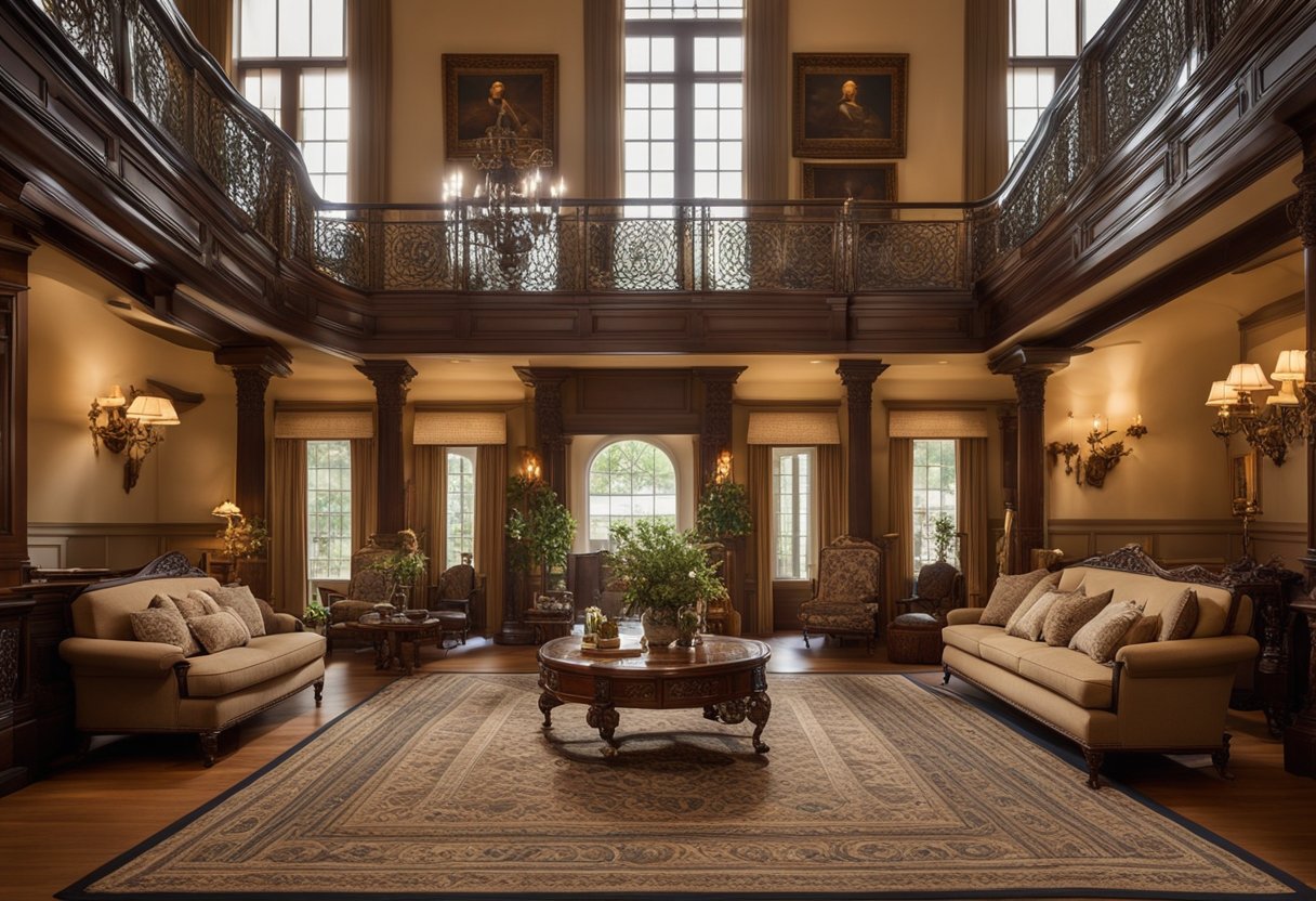 A grand staircase leads to a spacious living room with ornate wood furniture and rich, patterned textiles. A fireplace adorned with intricate carvings serves as the focal point, while large windows allow natural light to illuminate the colonial-style interior