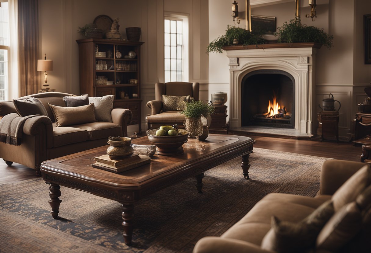 A cozy colonial-style interior with ornate wooden furniture, vintage rugs, and muted earthy tones. A large fireplace serves as the focal point, adorned with antique brass accessories
