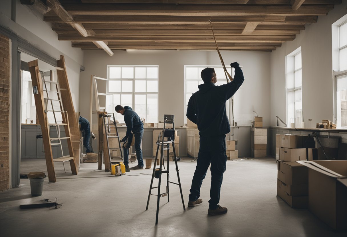 A room with bare walls and old furniture. A team of workers painting, installing new fixtures, and rearranging the space