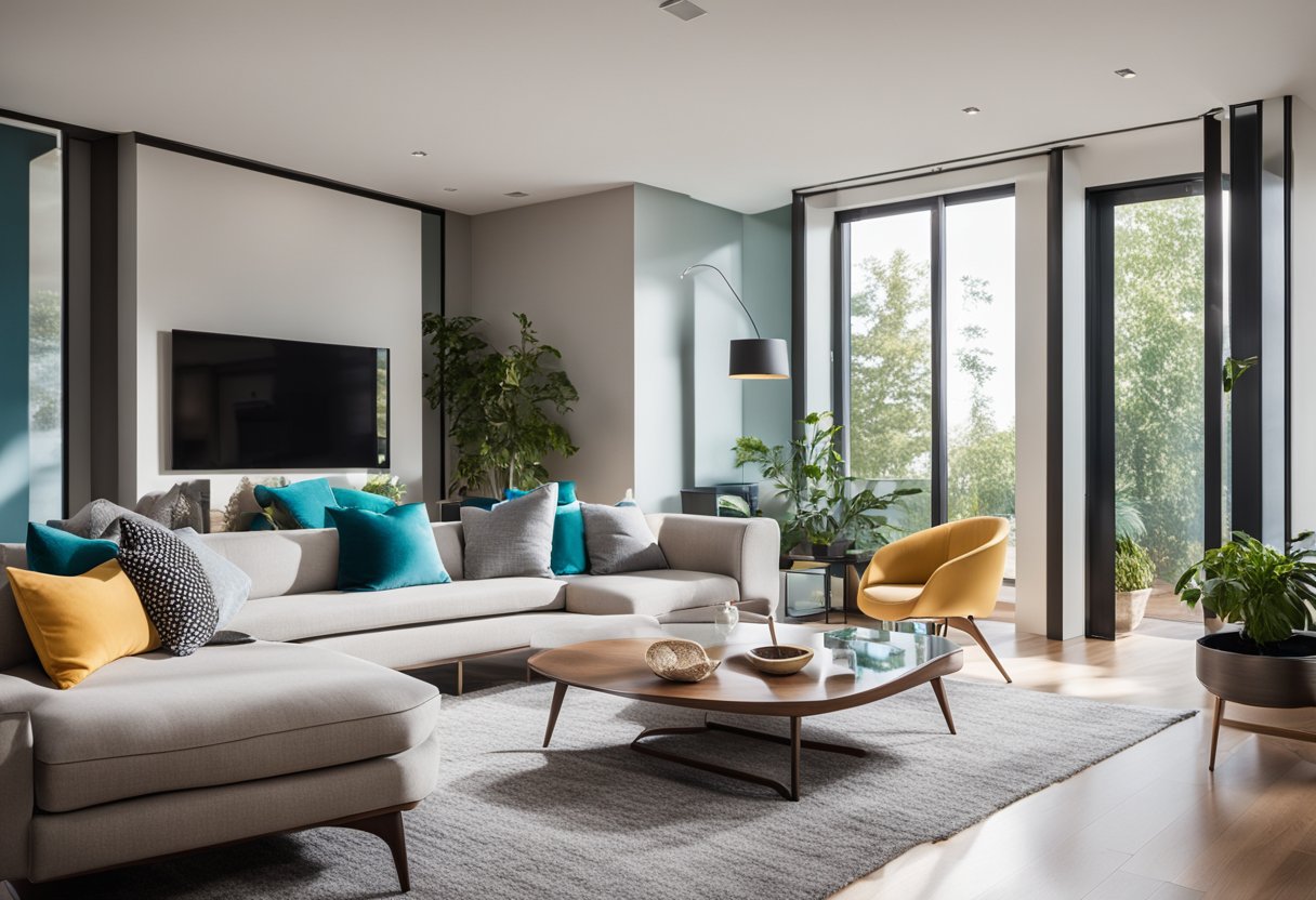 A modern living room with sleek furniture, clean lines, and a pop of color in the form of a vibrant accent wall. Large windows let in plenty of natural light, creating a bright and inviting space