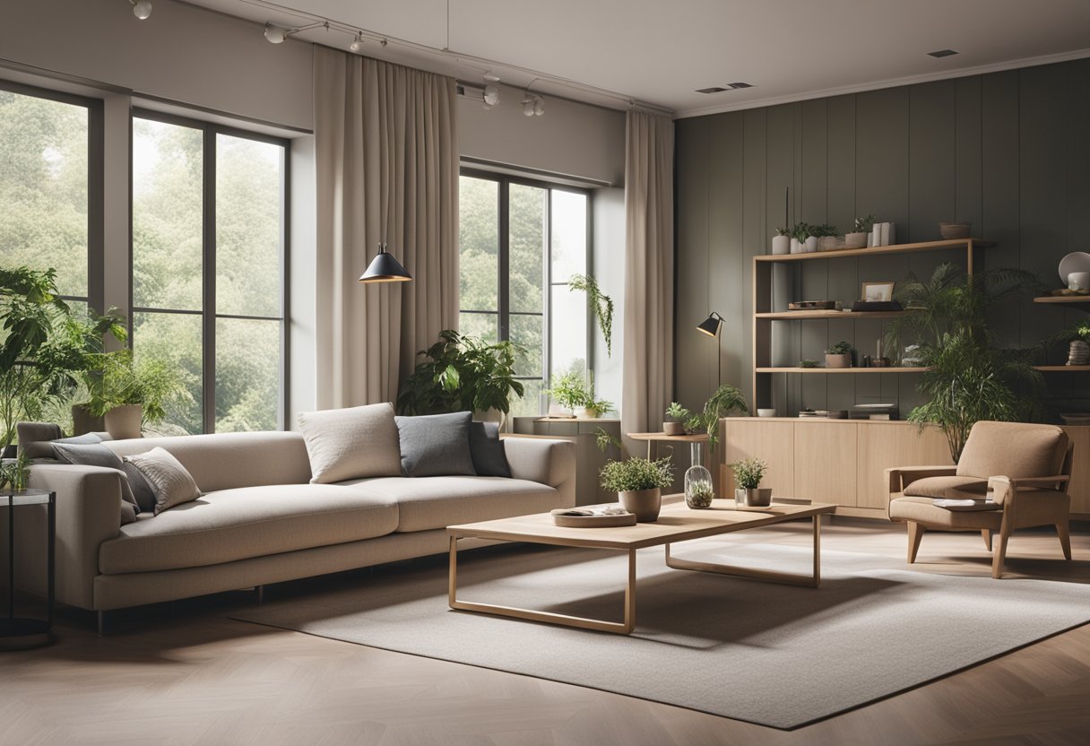 A cozy living room with minimalist furniture, natural light, and neutral tones. A large window overlooks a lush green garden, creating a serene and inviting atmosphere