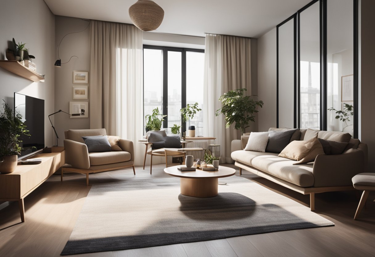 A cozy small apartment with a neutral color scheme, minimalist furniture, and plenty of natural light streaming in through the windows