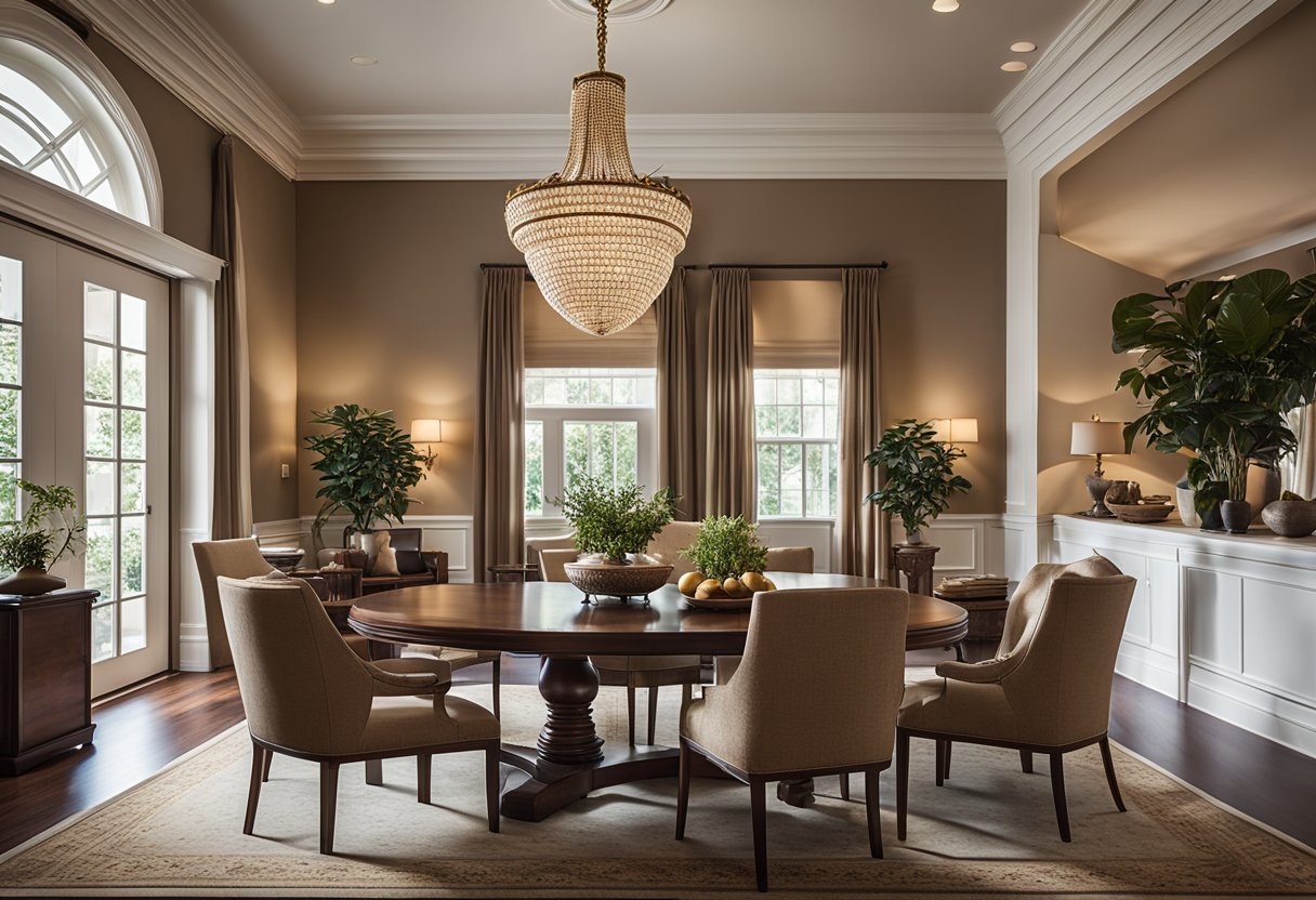 A spacious living room with high ceilings, elegant crown molding, and large windows. The room is furnished with traditional colonial-style furniture, including a grand wooden dining table and upholstered chairs. Rich, earthy tones and luxurious fabrics create a warm and inviting