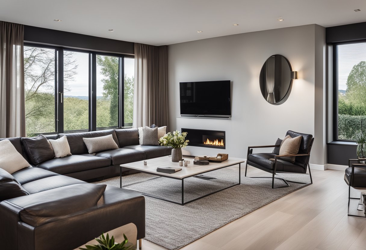 A spacious living room with modern furniture, large windows, and a cozy fireplace. A sleek kitchen with state-of-the-art appliances and a stylish dining area. A luxurious master bedroom with a king-sized bed and a private ensuite bathroom