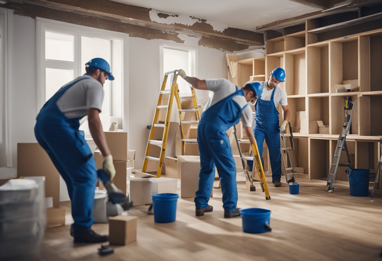 A team of workers renovates a room, painting walls and installing new fixtures. Furniture is moved and floors are covered for protection