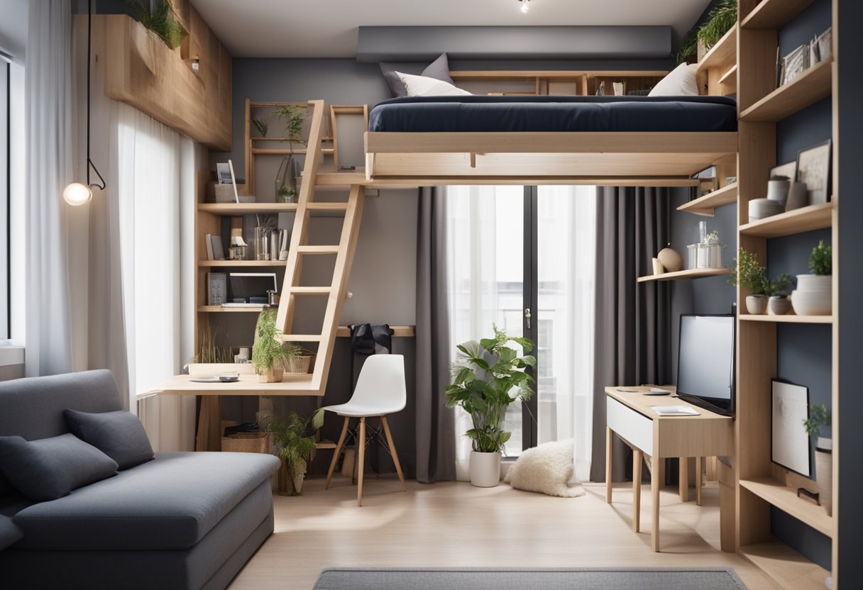 The small apartment features a multi-functional furniture layout, with a loft bed above a compact living and dining area, and clever storage solutions maximizing space