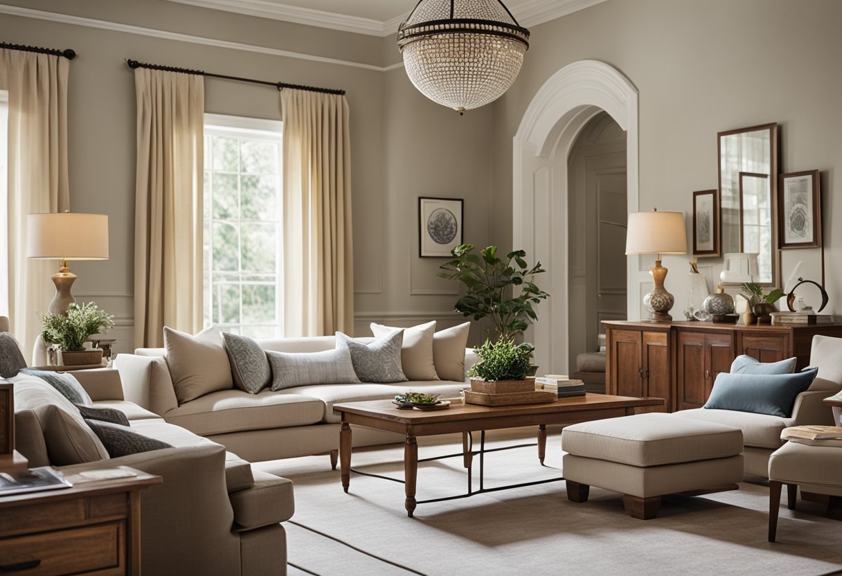 A spacious colonial living room with traditional wooden furniture, neutral color palette, and large windows letting in natural light