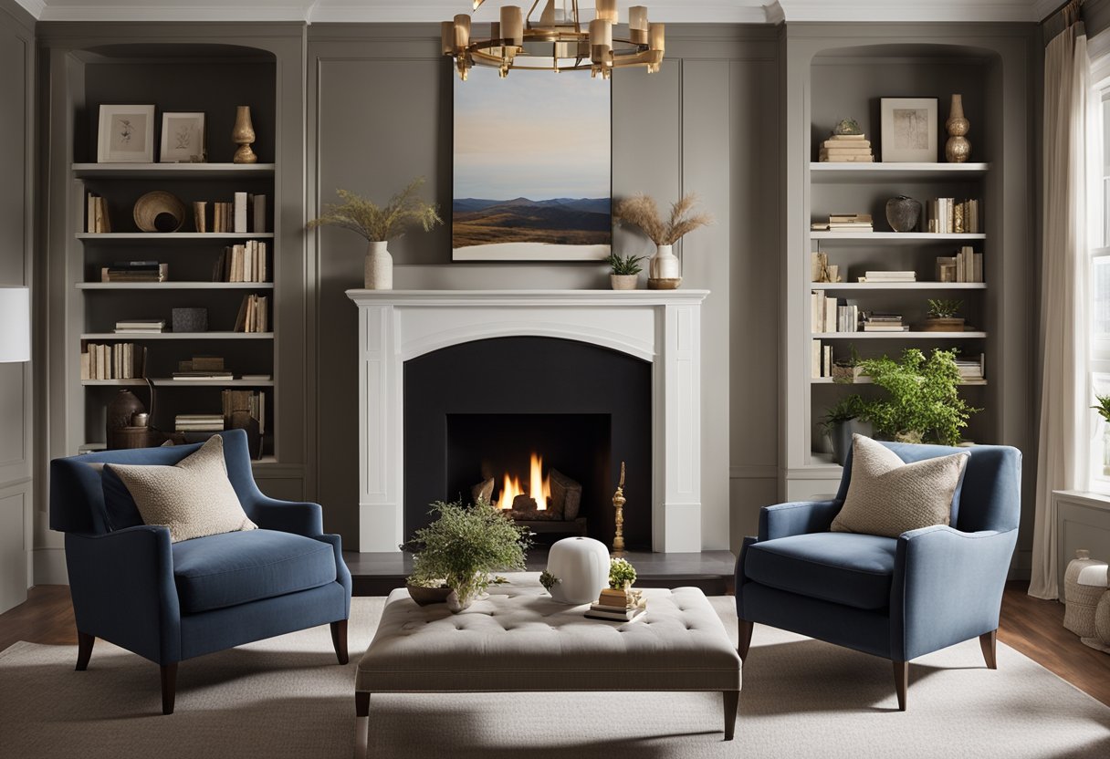 A spacious living room with a mix of traditional colonial furniture and modern decor. A large fireplace serves as the focal point, flanked by bookshelves and framed by large windows