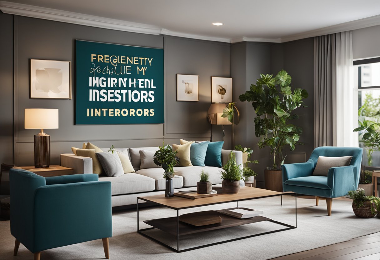 A room with various design elements, such as furniture, lighting, and decor. A sign or banner with "Frequently Asked Questions about my design interiors" prominently displayed