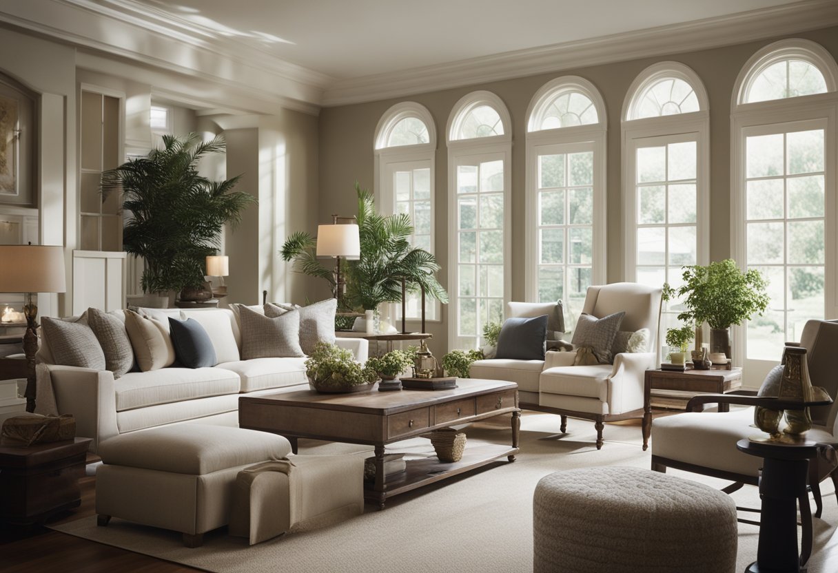 A colonial-style living room with modern elements, featuring a neutral color palette, traditional furniture, and contemporary decor. Large windows let in natural light, highlighting the blend of old and new design