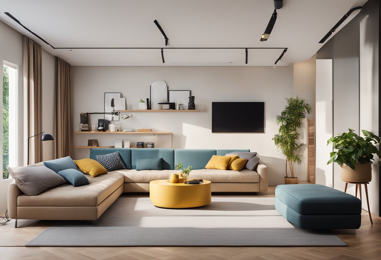 A cozy living area with a fold-out sofa, multi-functional furniture, and clever storage solutions. Bright colors and natural light create a welcoming atmosphere
