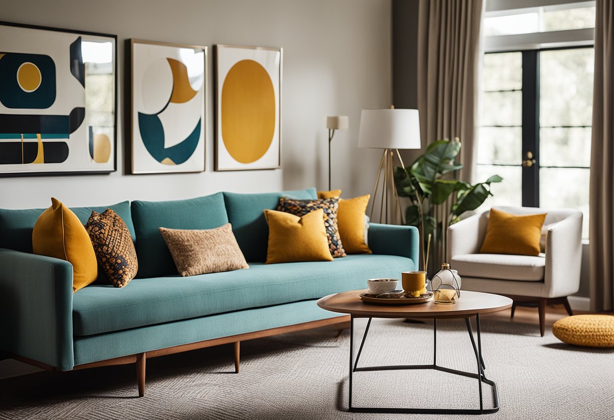 A cozy living room with mid-century modern furniture, geometric patterns, and bold colors. A mix of vintage and contemporary elements creates a stylish and inviting space