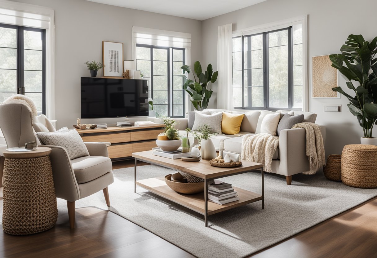 A cozy living room with modern furniture, neutral tones, and pops of color. Natural light floods the space, highlighting the stylish yet affordable design elements