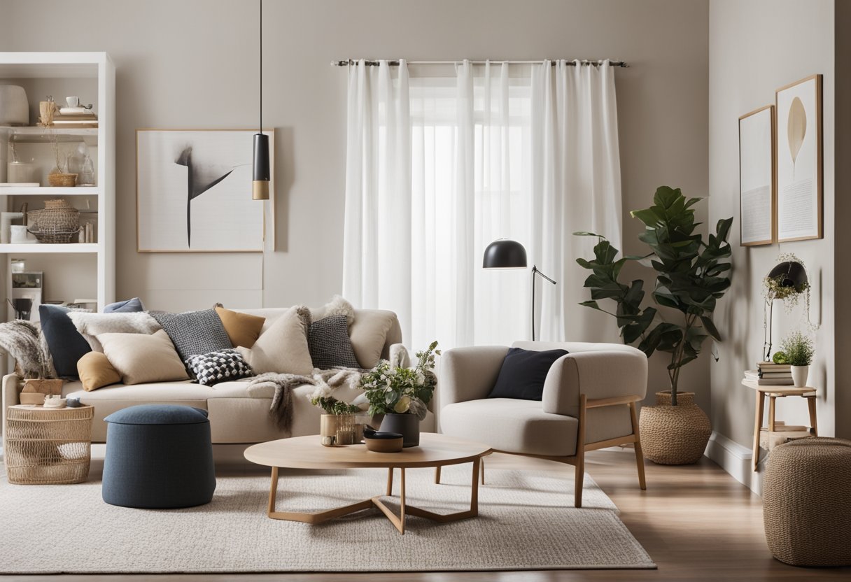 A small room with neutral walls and simple furniture. Bright accent colors and decorative accessories add personality. A mix of textures and patterns create visual interest