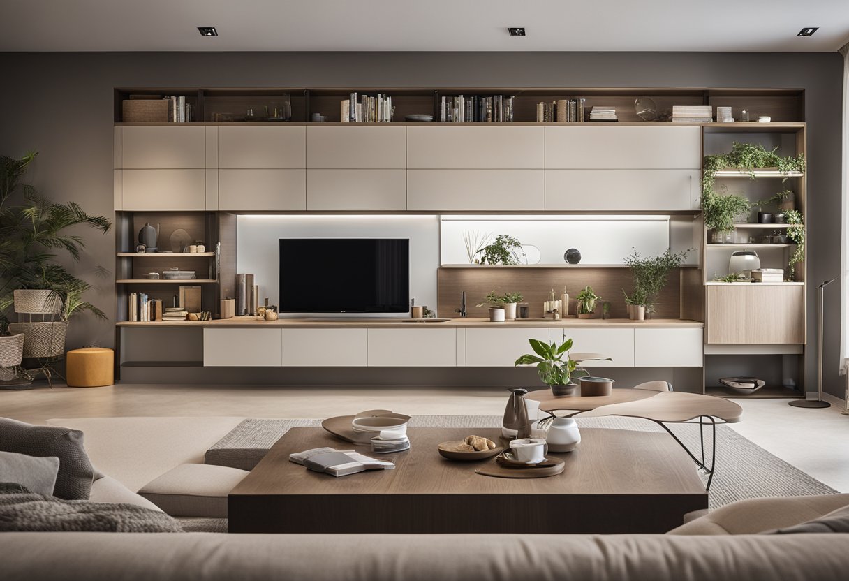The living room is organized with space-saving furniture and clever storage solutions. The kitchen features built-in cabinets and pull-out shelves for efficient use of space