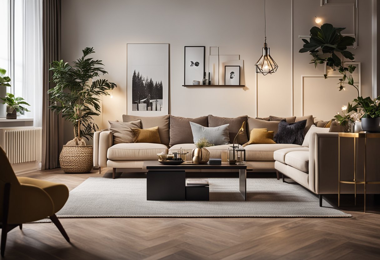 A cozy living room with modern furniture, warm lighting, and stylish decor. A designer's mood board and sample materials are displayed on a table