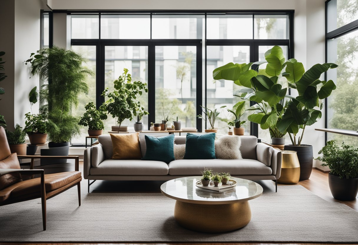 A modern living room with a large, comfortable sofa, a sleek coffee table, and a statement rug. The room is filled with natural light from the floor-to-ceiling windows, and there are potted plants and abstract art on the walls