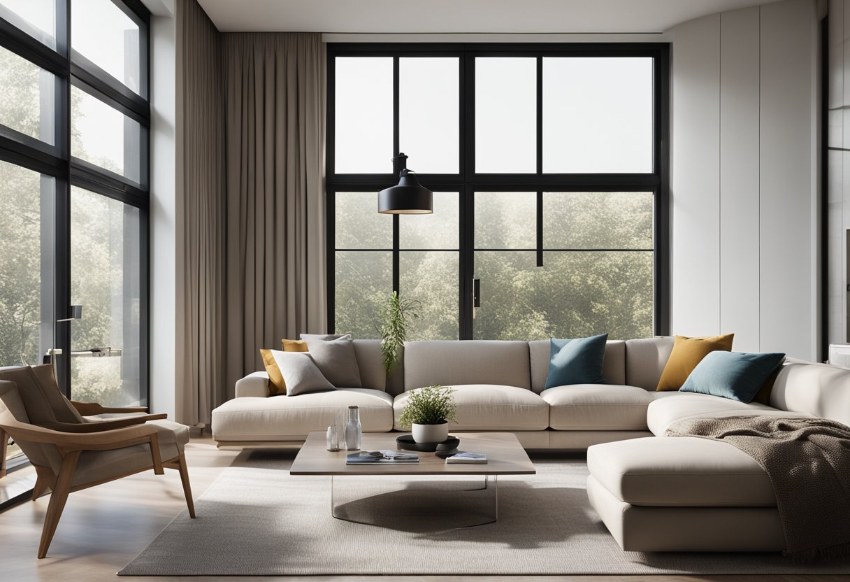 A modern living room with sleek furniture and a minimalist color palette. Large windows let in natural light, creating a bright and airy atmosphere