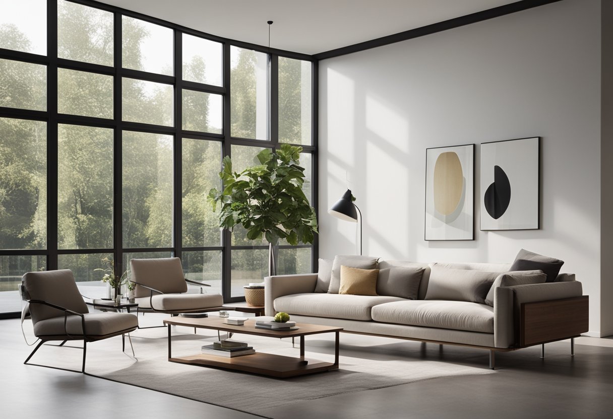 A modern, minimalist living room with sleek furniture, neutral colors, and natural light streaming through large windows