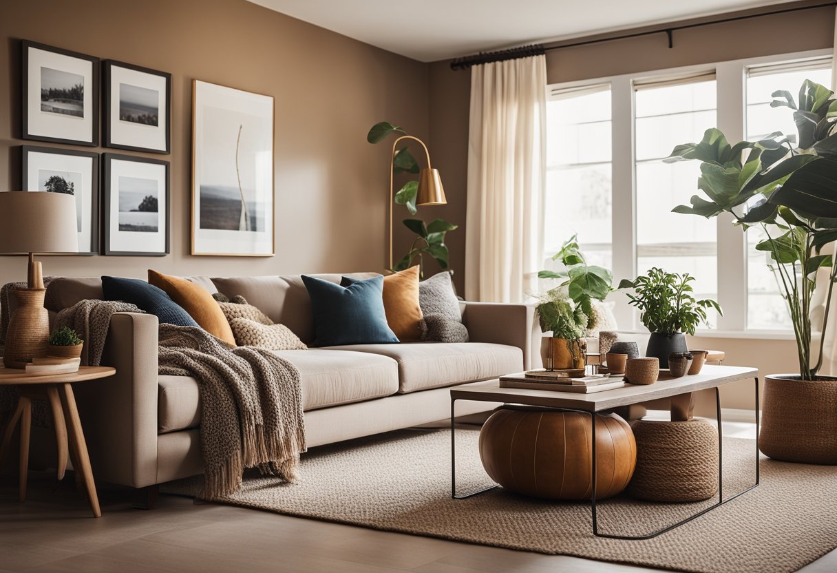 A cozy living room with warm, earthy tones, a comfortable sofa, and a stylish coffee table. A gallery wall of personal photos and artwork adds a personal touch