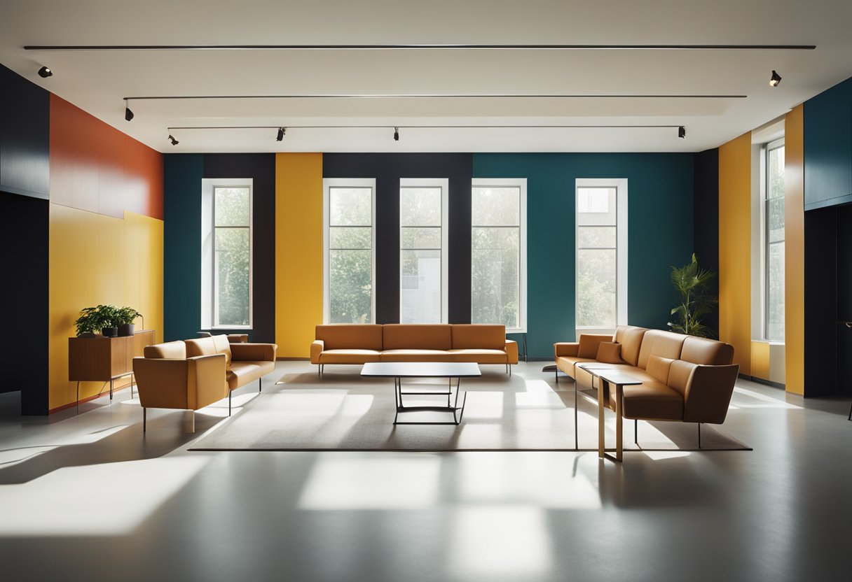 A minimalist Bauhaus interior with clean lines, geometric shapes, and primary colors. Furniture is functional and sleek, with an emphasis on form and function