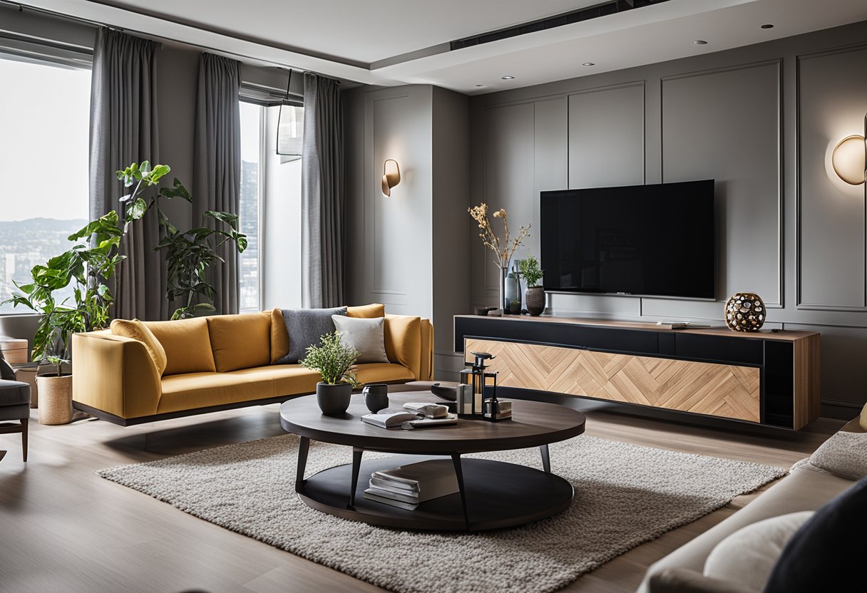 A modern living room with sleek furniture, vibrant accents, and innovative storage solutions, showcasing Weiken Interior Design's expertise
