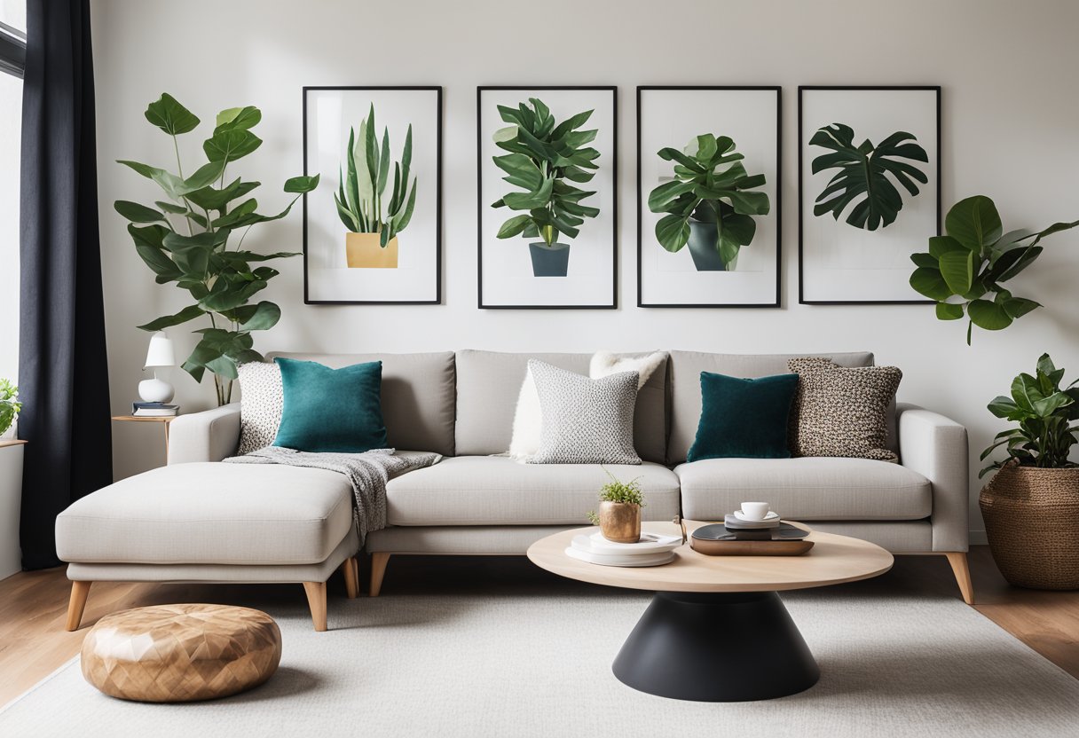 A bright, modern living room with a cozy sectional sofa, a sleek coffee table, and a large window letting in natural light. A gallery wall of artwork and a potted plant add a pop of color to the space
