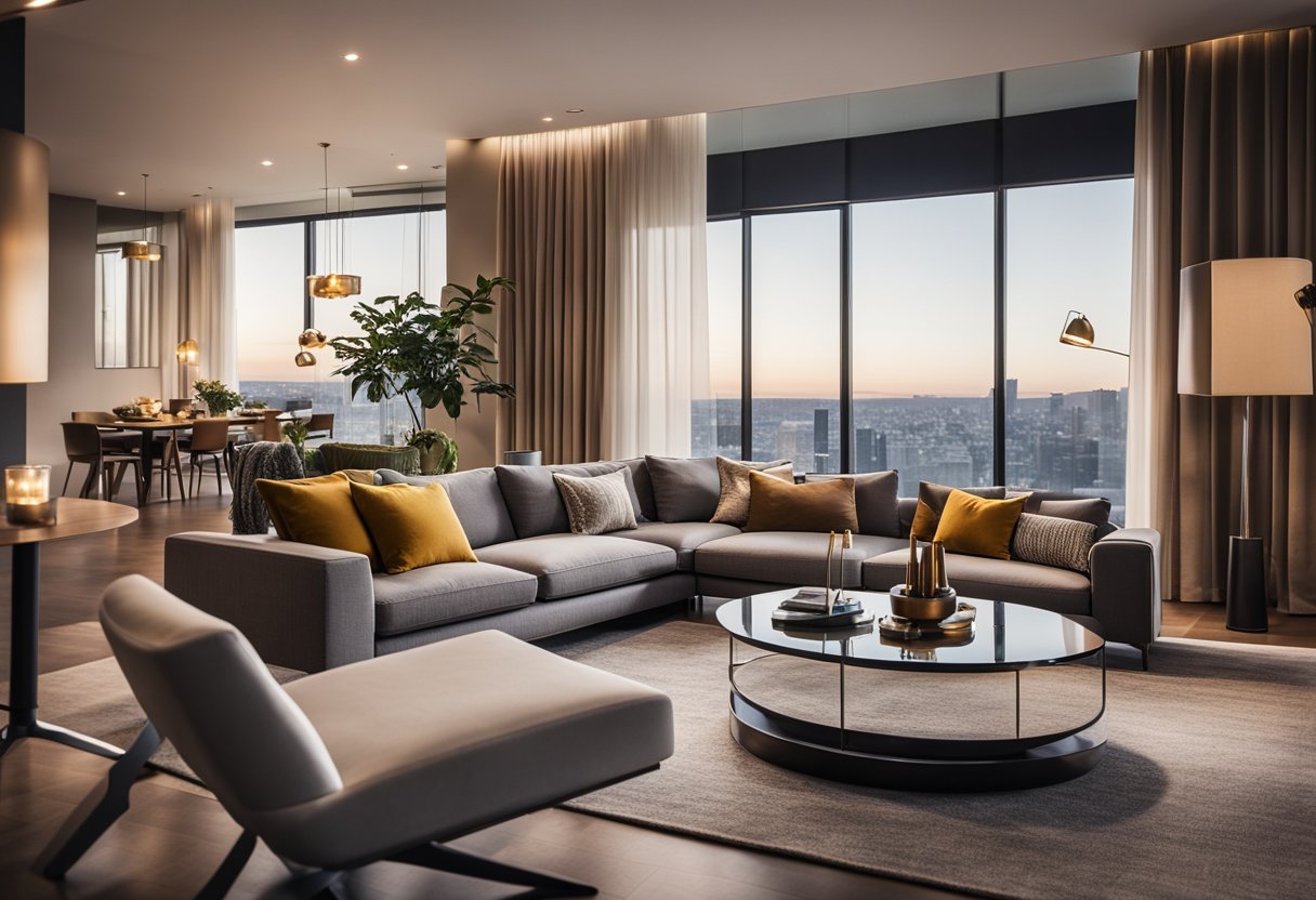 A modern living room with sleek furniture, warm lighting, and vibrant accents. Clean lines and open spaces create a sense of harmony and sophistication
