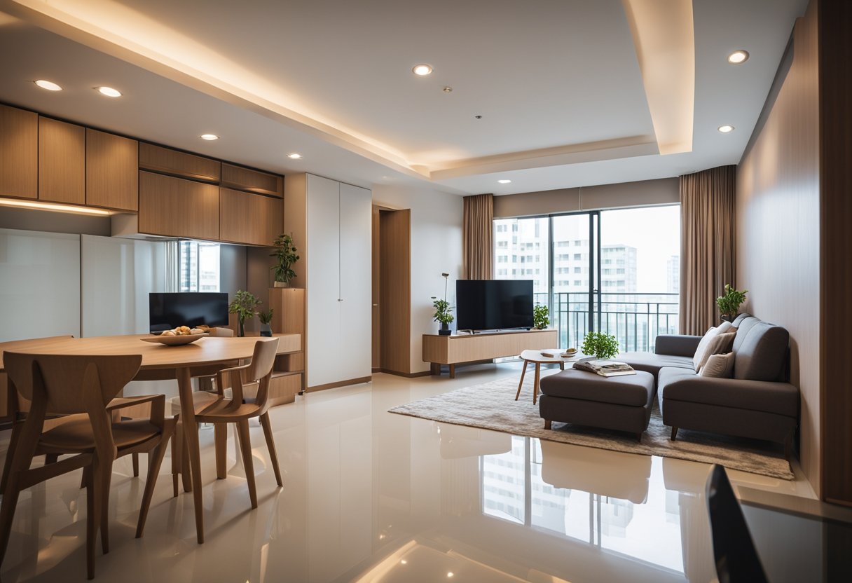 A cozy 3-room HDB flat with modern interior design. Clean lines, warm lighting, and space-saving furniture create a functional and stylish living space
