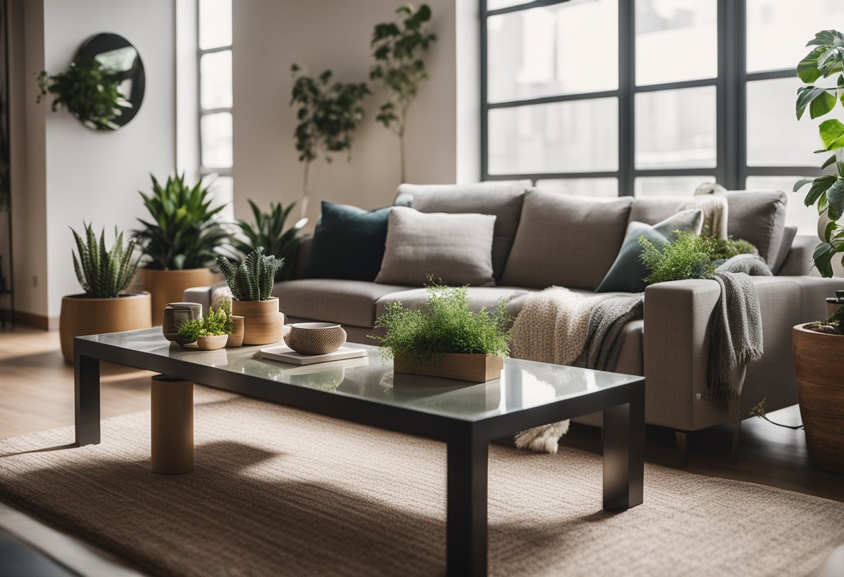 A cozy living room with a modern sofa, plants, and a stylish coffee table. A large window lets in natural light, and the walls are adorned with art and shelves displaying decorative items