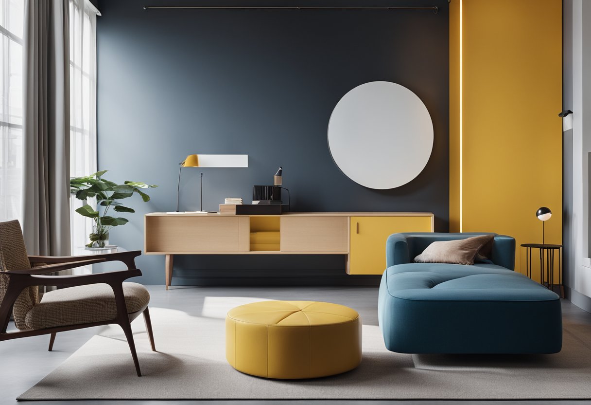 A minimalist room with clean lines, geometric shapes, and primary colors. Furniture is functional and sleek, with an emphasis on simplicity and functionality