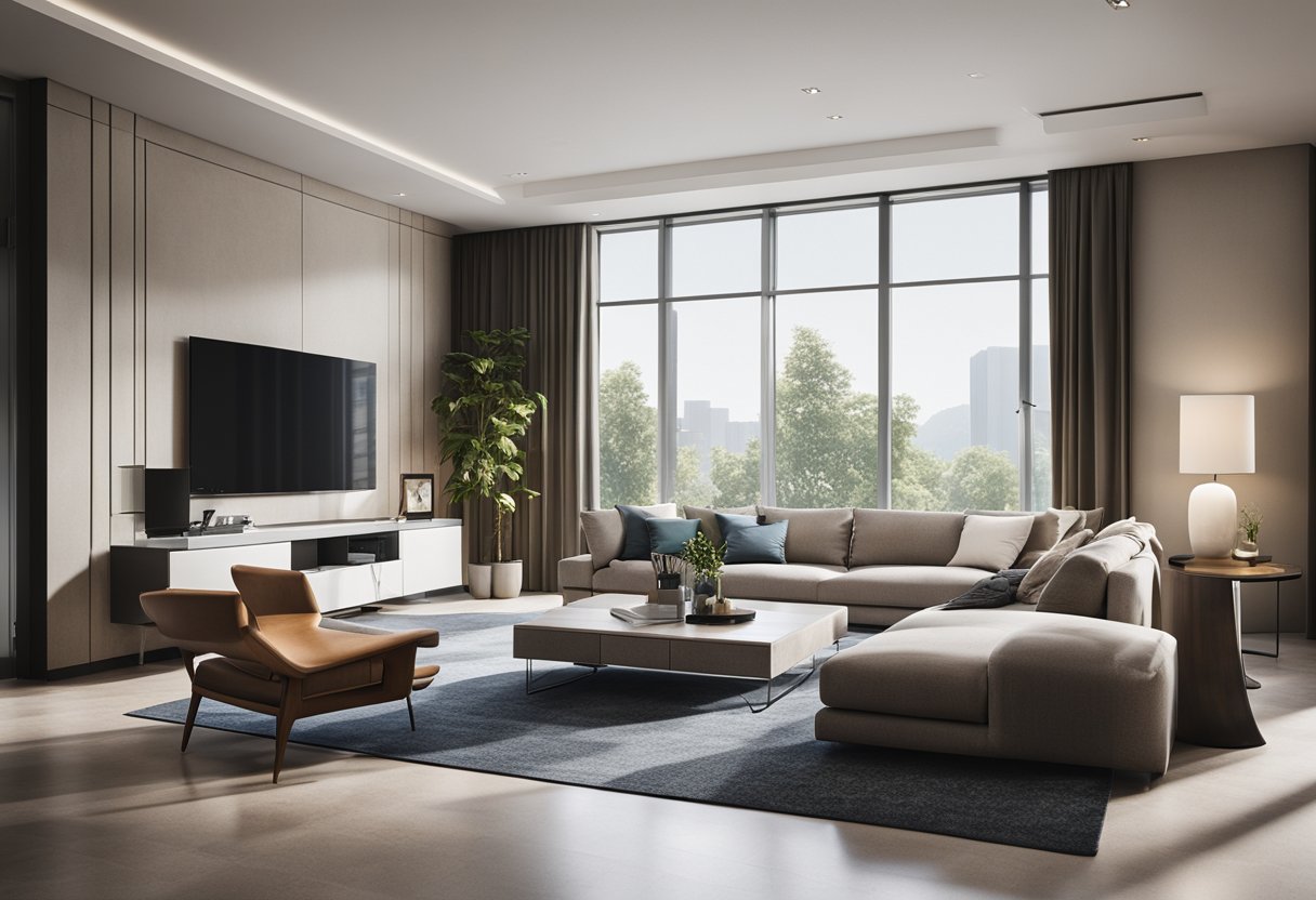 A sleek, modern interior with clean lines, luxurious furnishings, and pops of vibrant color. High ceilings and large windows flood the space with natural light, creating a welcoming and elegant atmosphere