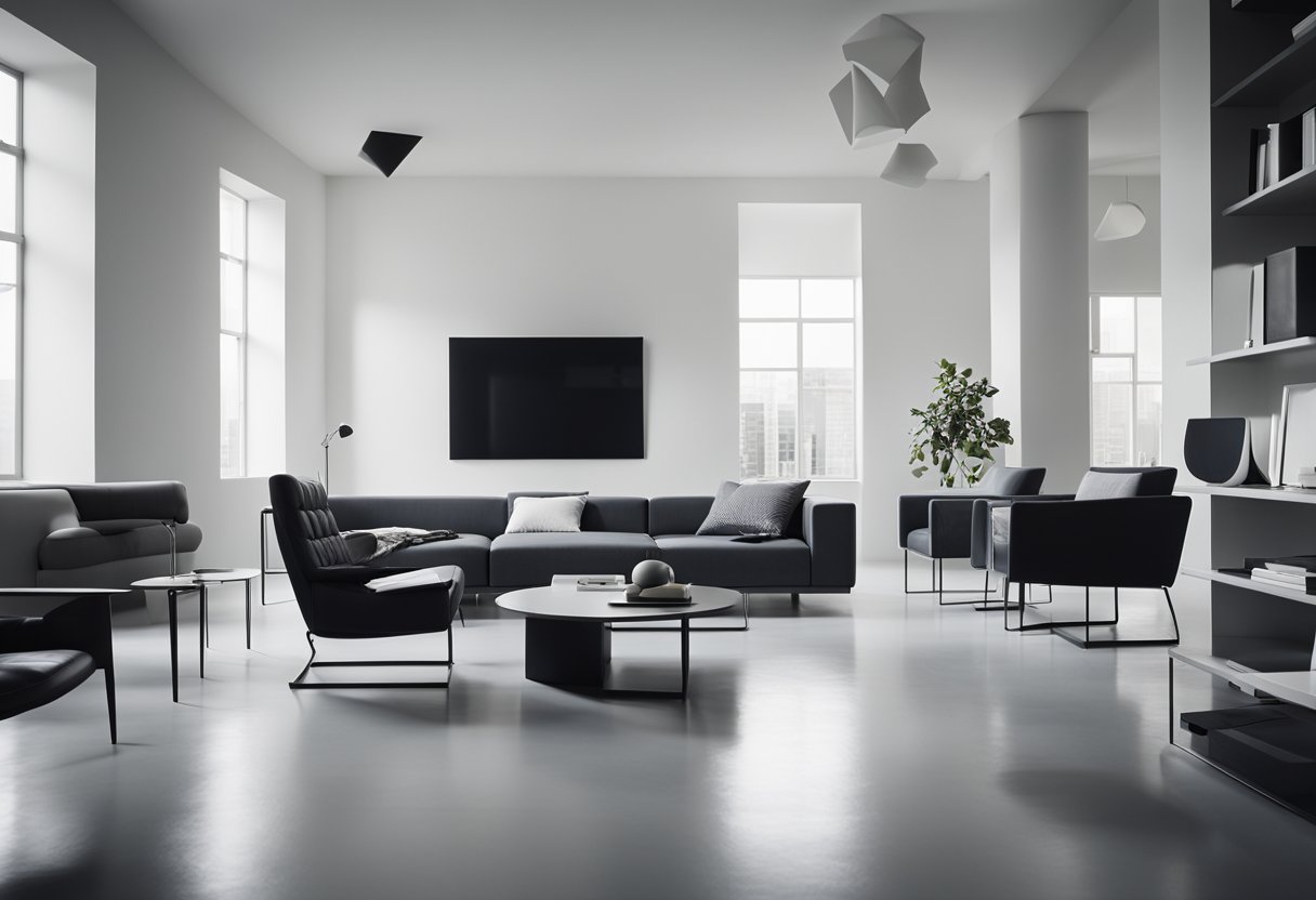 A sleek, minimalist bauhaus interior with clean lines, geometric shapes, and a monochromatic color scheme. Furniture is functional yet stylish, with an emphasis on form and function