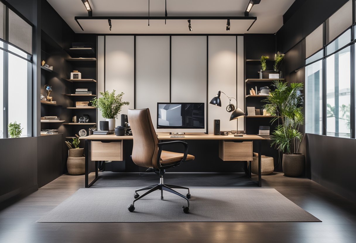 A stylish, modern interior design studio in Singapore with a sleek desk, comfy chairs, and shelves showcasing design samples