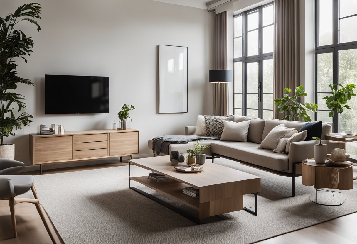 A modern living room with sleek furniture, neutral color palette, and natural light streaming in from large windows. The space is clean, uncluttered, and features minimalist decor