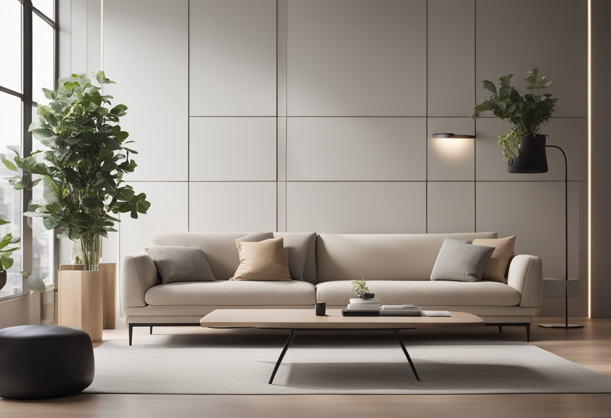 A modern, minimalist living room with a sleek, user-friendly app interface displayed on a tablet or smartphone. Clean lines, neutral colors, and a cozy atmosphere