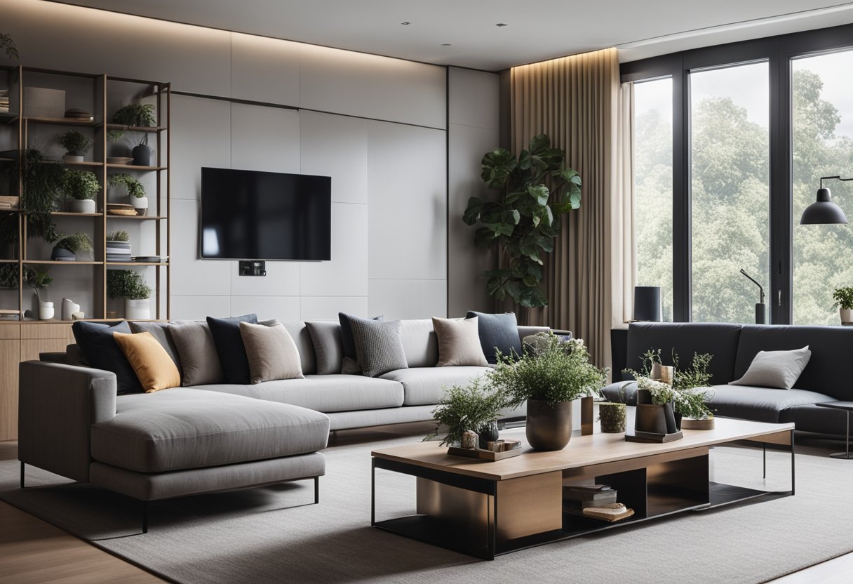 A modern living room with sleek furniture, a large window, and minimalist decor